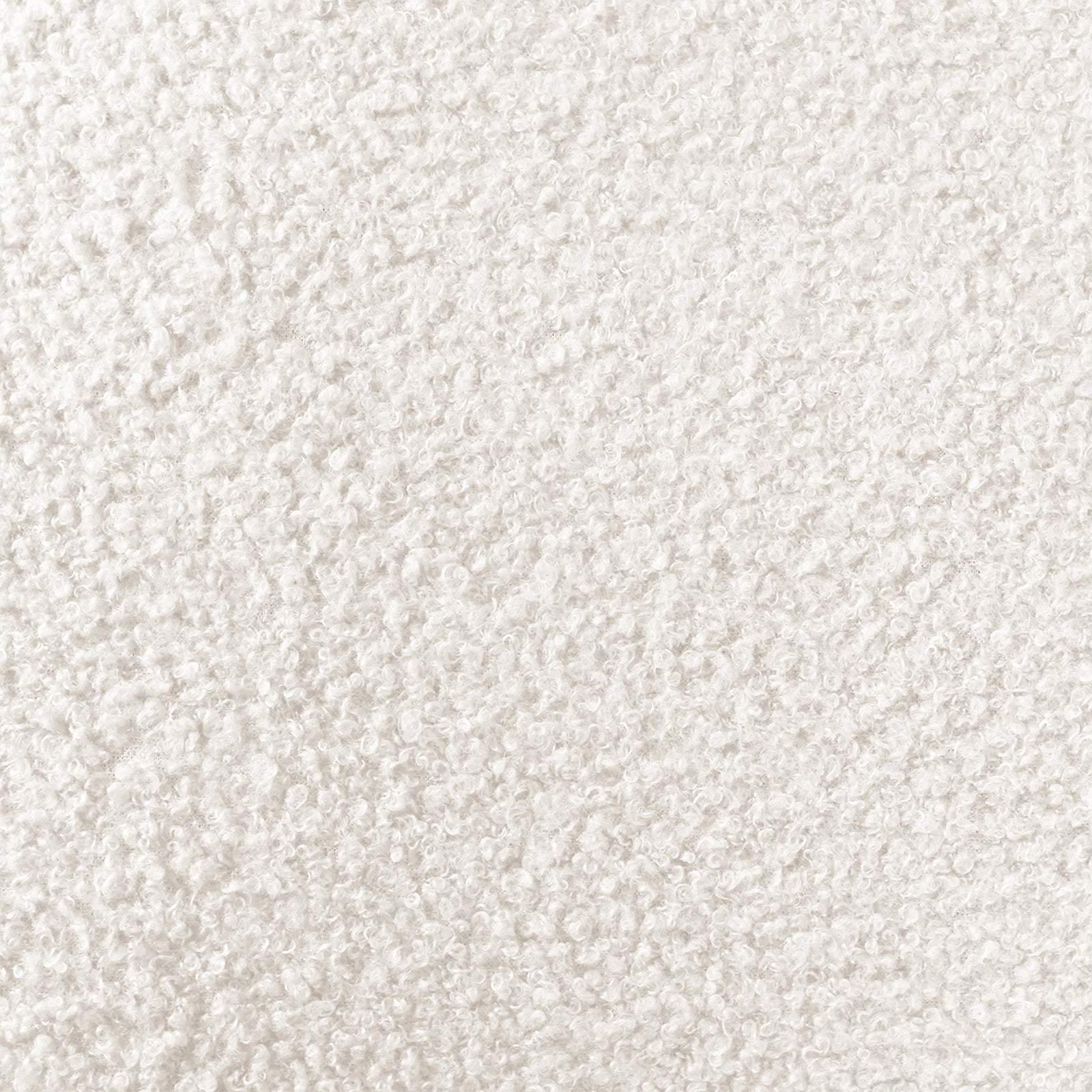Eliz Boucle Fabric Bedside Table in Cream White features plush, textured boucle fabric with visible curled yarn loops, offering a sophisticated look. Includes a spacious tabletop and sleek metal legs for modern stability.