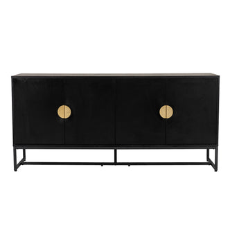 Erick 160cm 4-Door Storage Sideboard Buffet in Black, features a modern design with four push-to-open doors, circular gold-tone pulls, and sturdy T-shaped metal legs.