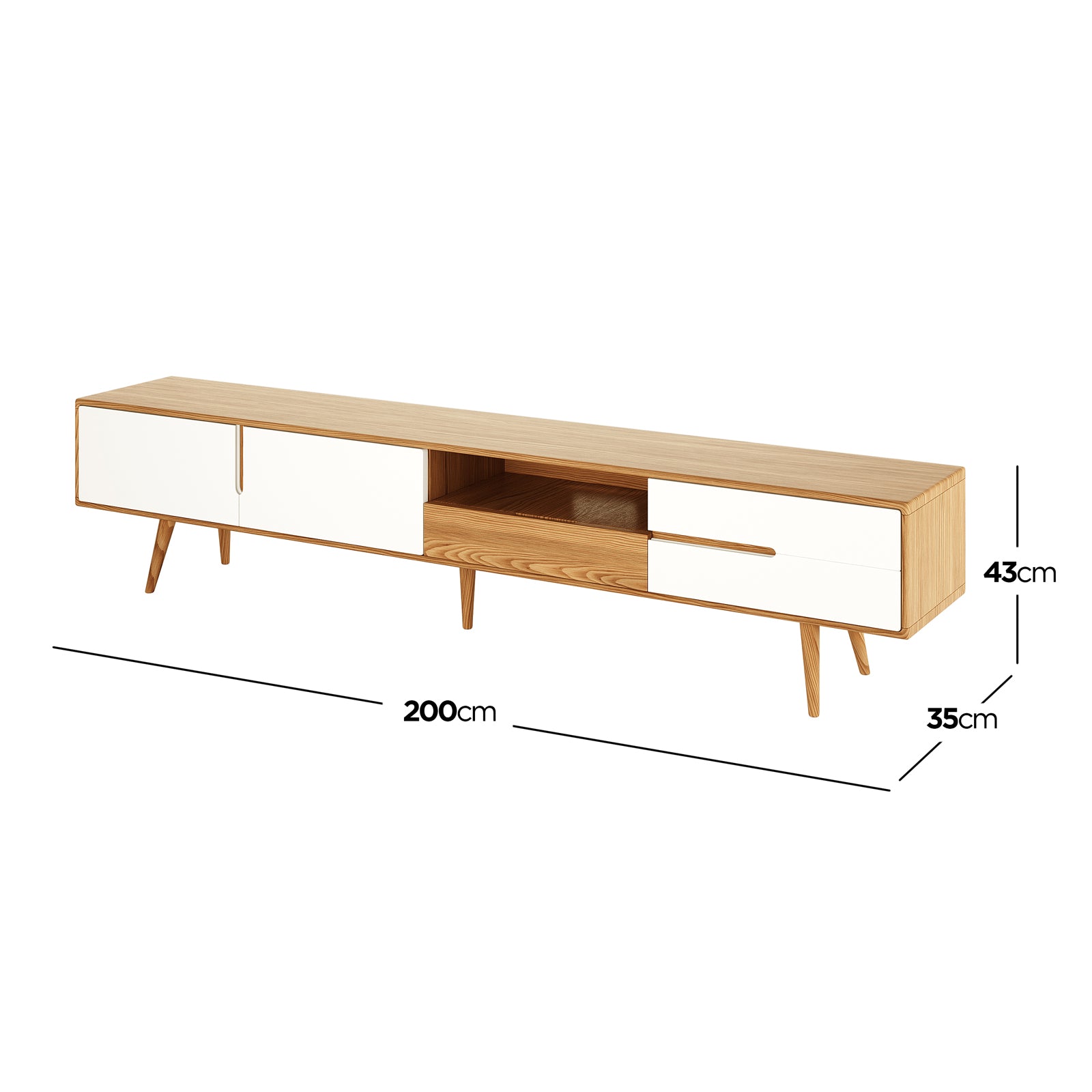 Estella 200cm American Oak Entertainment Unit in Natural features a mid-century-inspired design with light wood, white-fronted storage, slender splayed legs, sliding doors, open shelf, and drawers, offering elegant practicality.