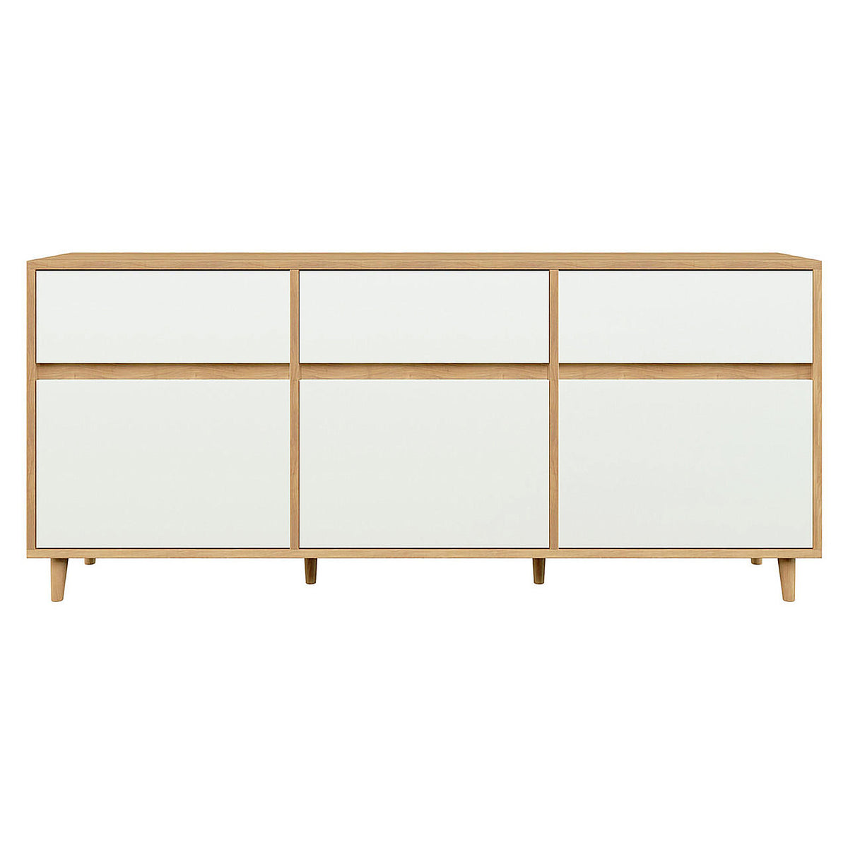 Ezra 6 Drawer Buffet Unit Natural/White features a sleek design with a white matte finish and wood accents. It includes three top drawers and three larger bottom drawers, ideal for versatile storage.