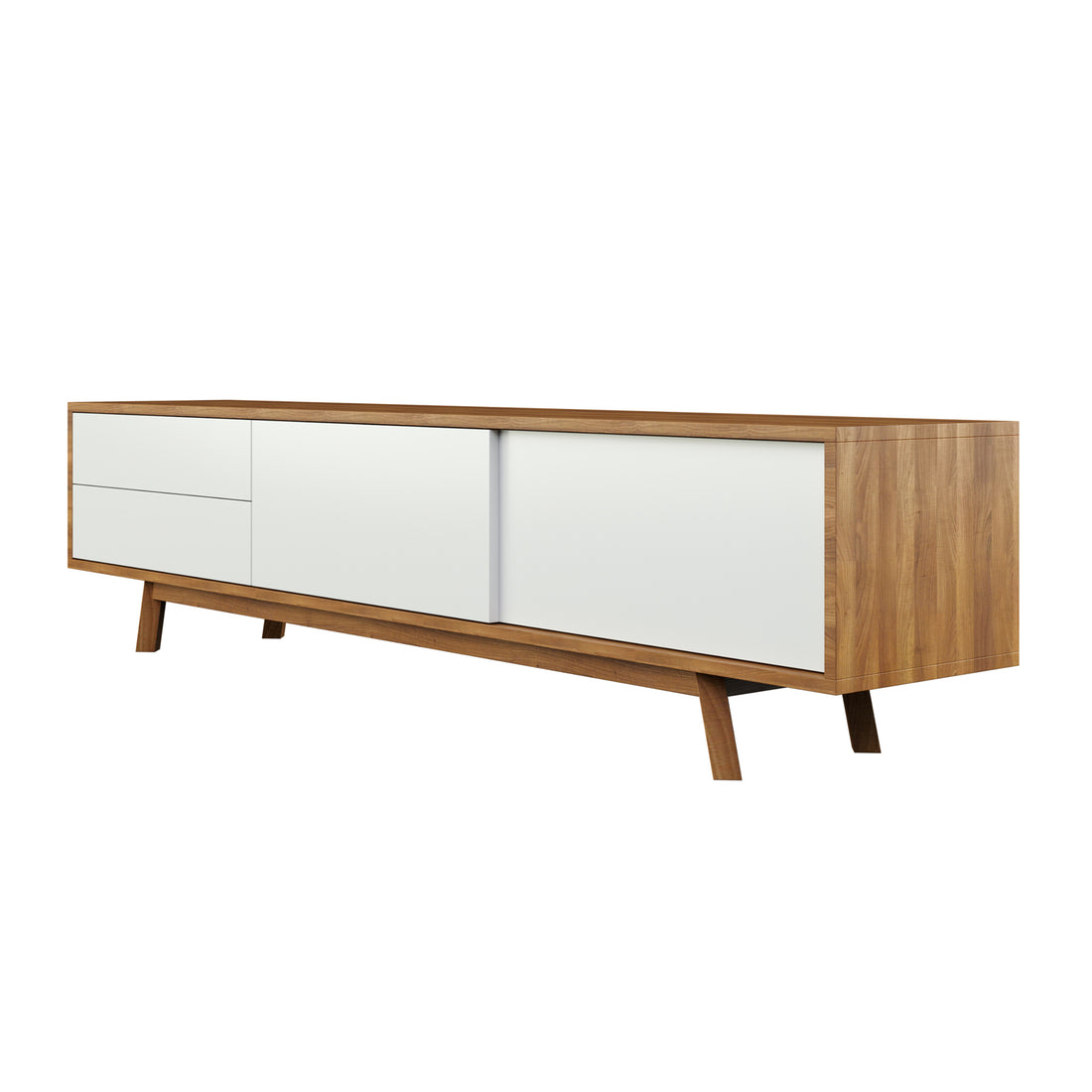 Close-up of the Gavyn Entertainment Unit with Cabinet and Drawers, showcasing its sleek wooden design, sliding cabinet, and two drawers, perfect for organizing entertainment gadgets in a spacious living area.