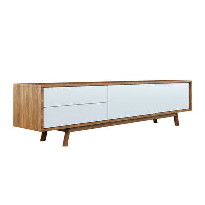 Gavyn Entertainment Unit with Cabinet and Drawers showcases a close-up of a smooth white drawer, a textured wood panel, and a sleek white board on a wooden stand, emphasizing its stylish design.