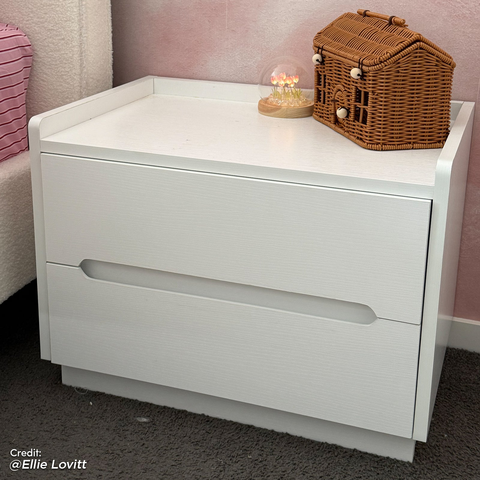 Glorinda 60cm Scratch Resistant Bedside Table in White with two drawers, hidden handles, and raised top edge, displayed