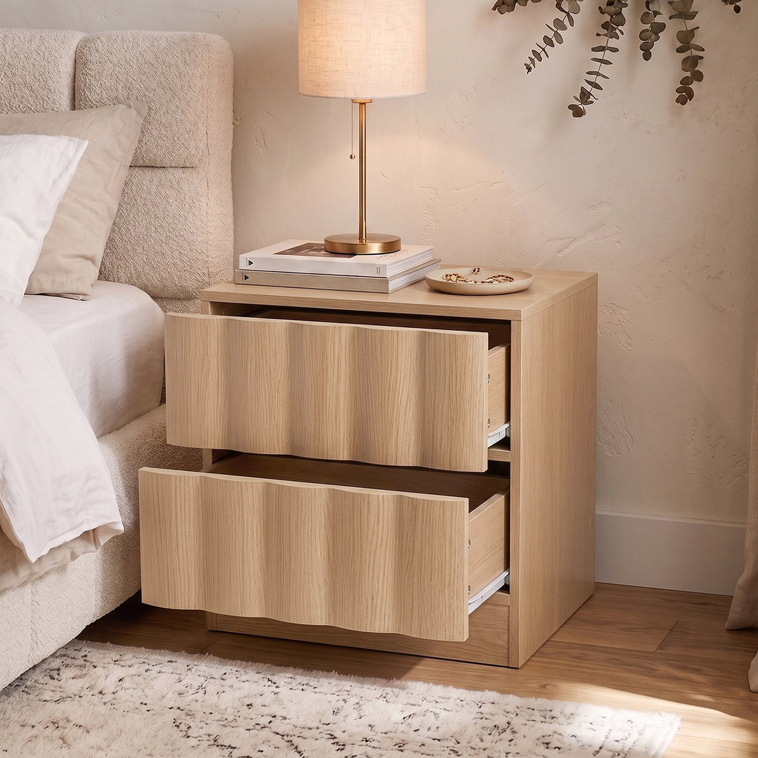 Hamish 2 Drawer Fluted Bedside Table in Oak