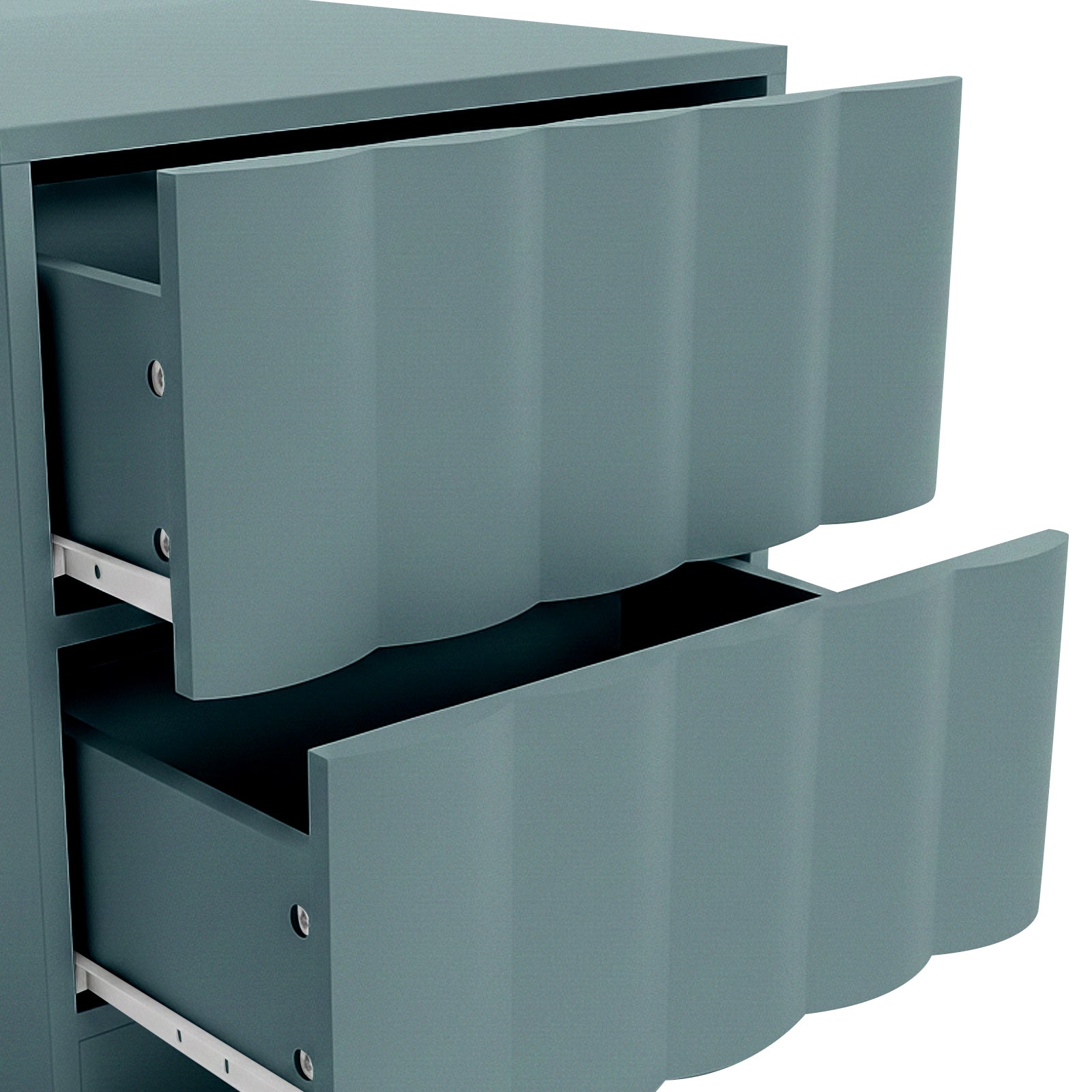 Hamish 2 drawer fluted bedside table in sage with curved drawer fronts and metal runners, top drawer partially open