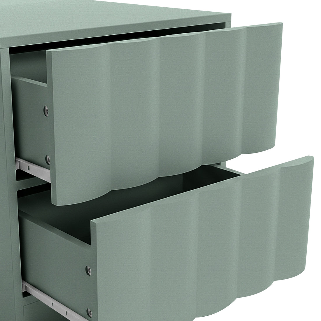 Hamish 2 drawer fluted bedside table in sage with curved drawer fronts and metal runners, top drawer partially open