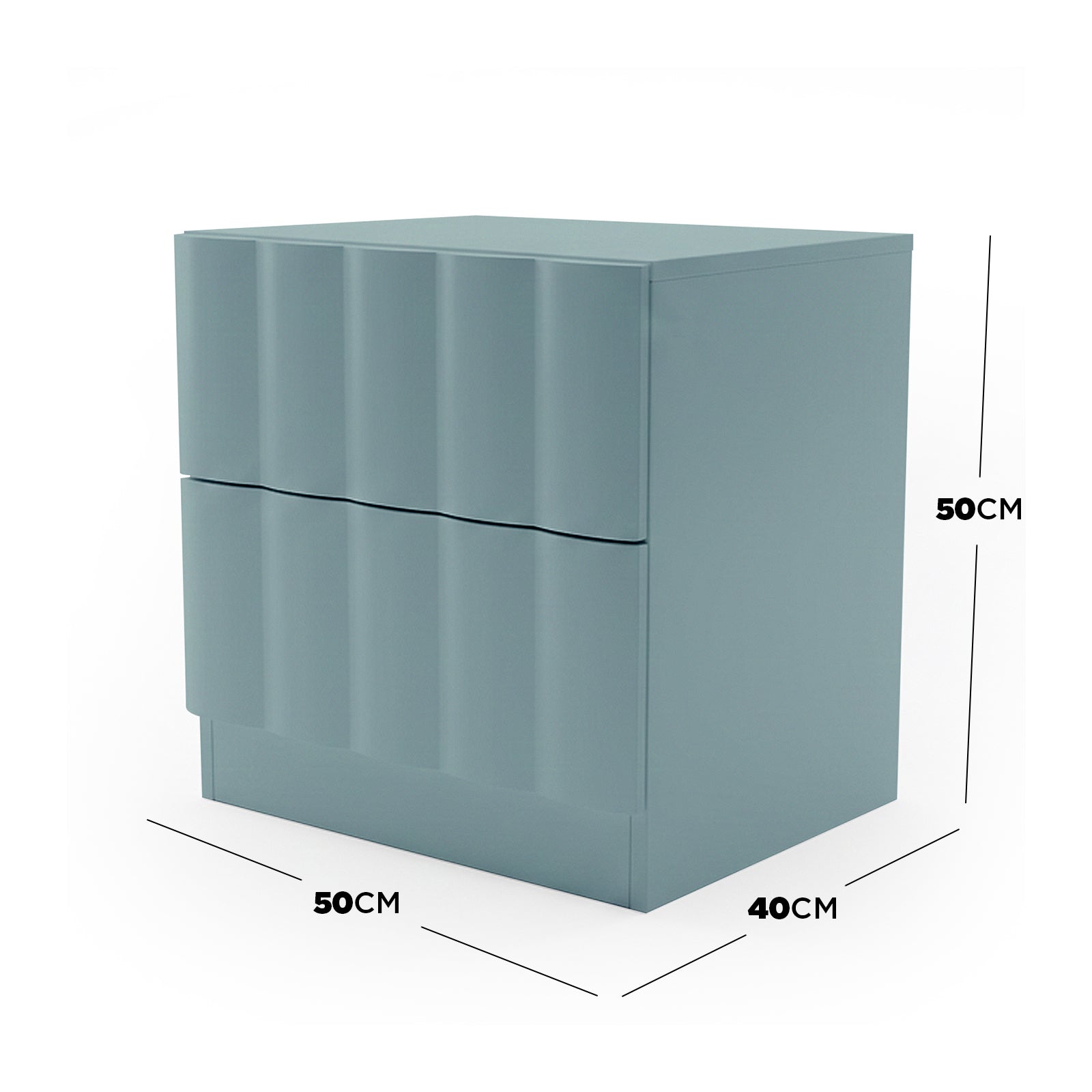 Hamish 2 Drawer Fluted Bedside Table in Sage, 50cm W x 40cm D x 50cm H