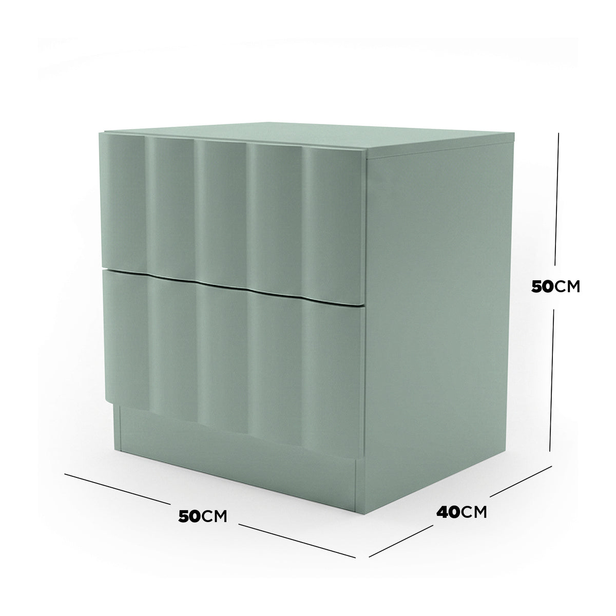 Hamish 2 Drawer Fluted Bedside Table in Sage, 50cm W x 40cm D x 50cm H