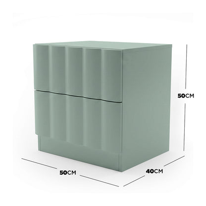 Hamish 2 Drawer Fluted Bedside Table in Sage, 50cm W x 40cm D x 50cm H