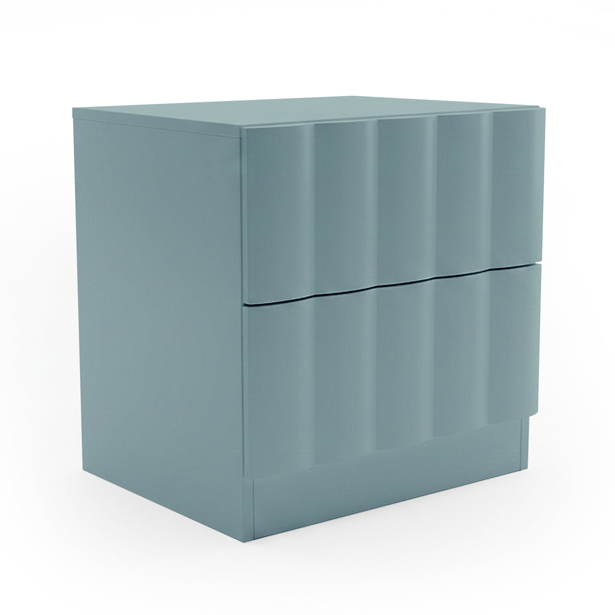 Hamish 2 Drawer Fluted Bedside Table in Sage with curved fluted front panels and glossy finish