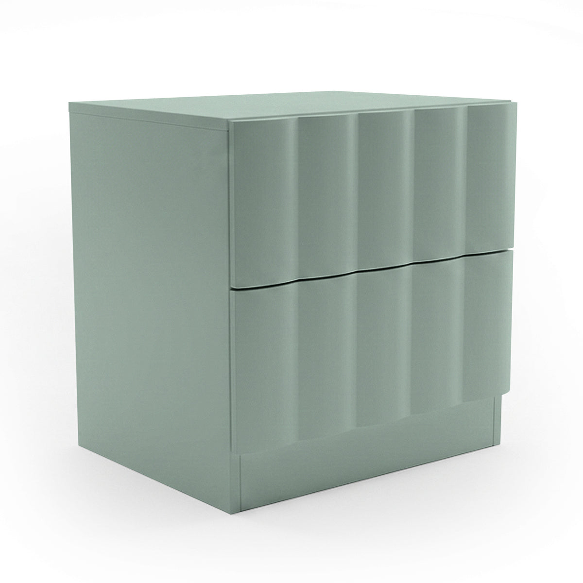 Hamish 2 Drawer Fluted Bedside Table in Sage with curved fluted front panels and glossy finish