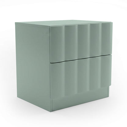 Hamish 2 Drawer Fluted Bedside Table in Sage with curved fluted front panels and glossy finish