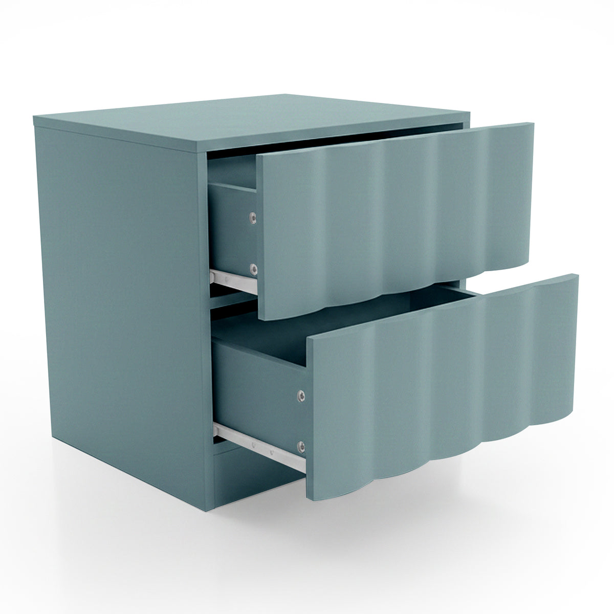 Hamish 2 Drawer Fluted Bedside Table in Sage with both drawers partially open, showing metal drawer slides