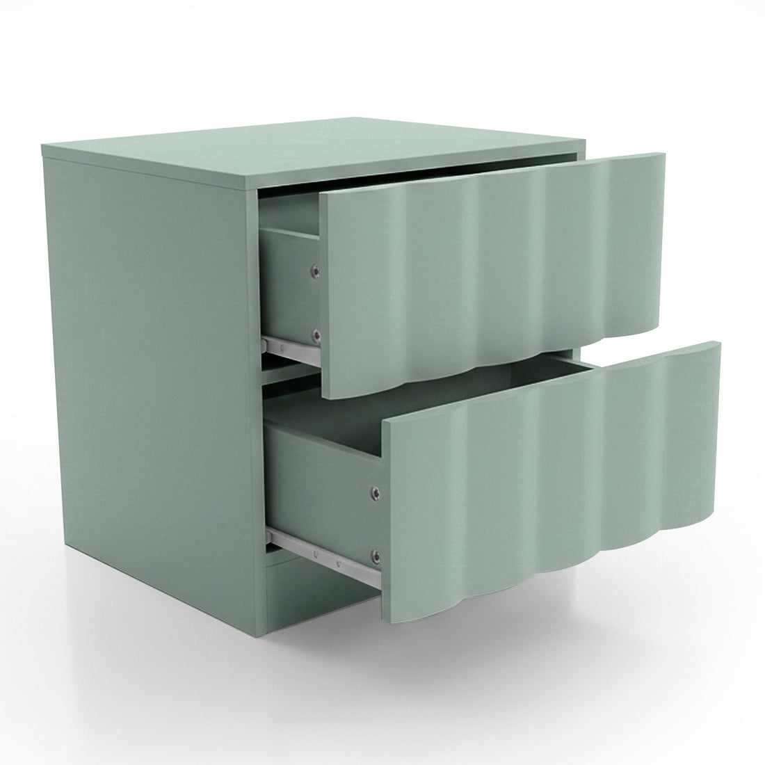 Hamish 2 Drawer Fluted Bedside Table in Sage with both drawers partially open, showing metal drawer slides