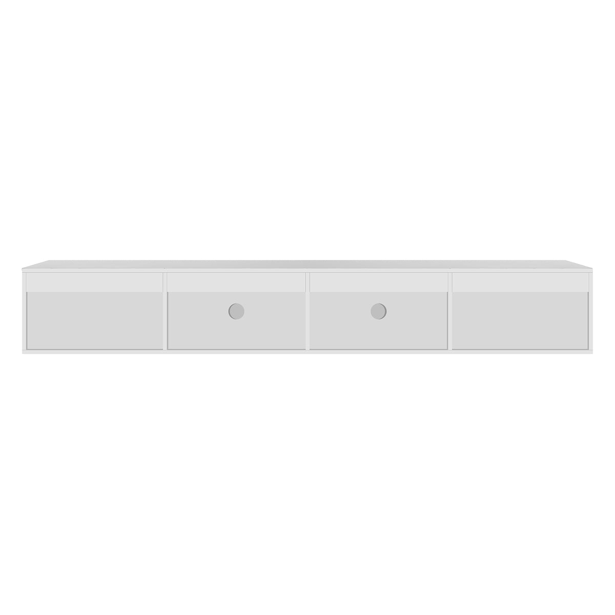 Hamish 200cm Entertainment Unit White shown as a sleek, modern piece with clean lines, handle-free drawers, and a wave design, displayed on a white shelf with visible drawers underneath.