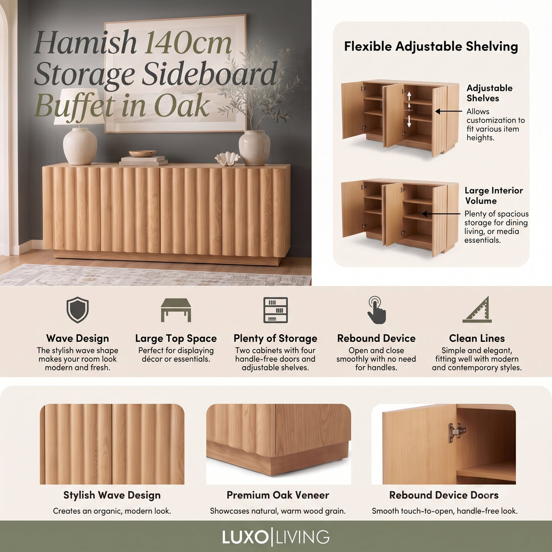 Hamish 140cm storage sideboard in oak feature graphic displaying flexible adjustable shelving, wave design, oak veneer finish, and rebound touch-to-open doors.