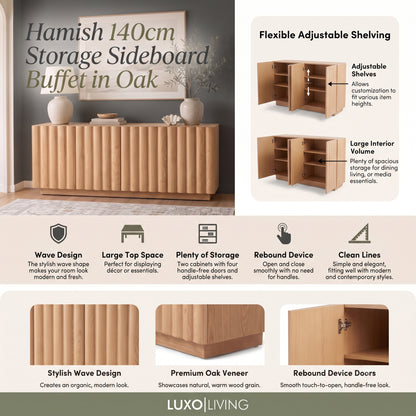 Hamish 140cm storage sideboard in oak feature graphic displaying flexible adjustable shelving, wave design, oak veneer finish, and rebound touch-to-open doors.