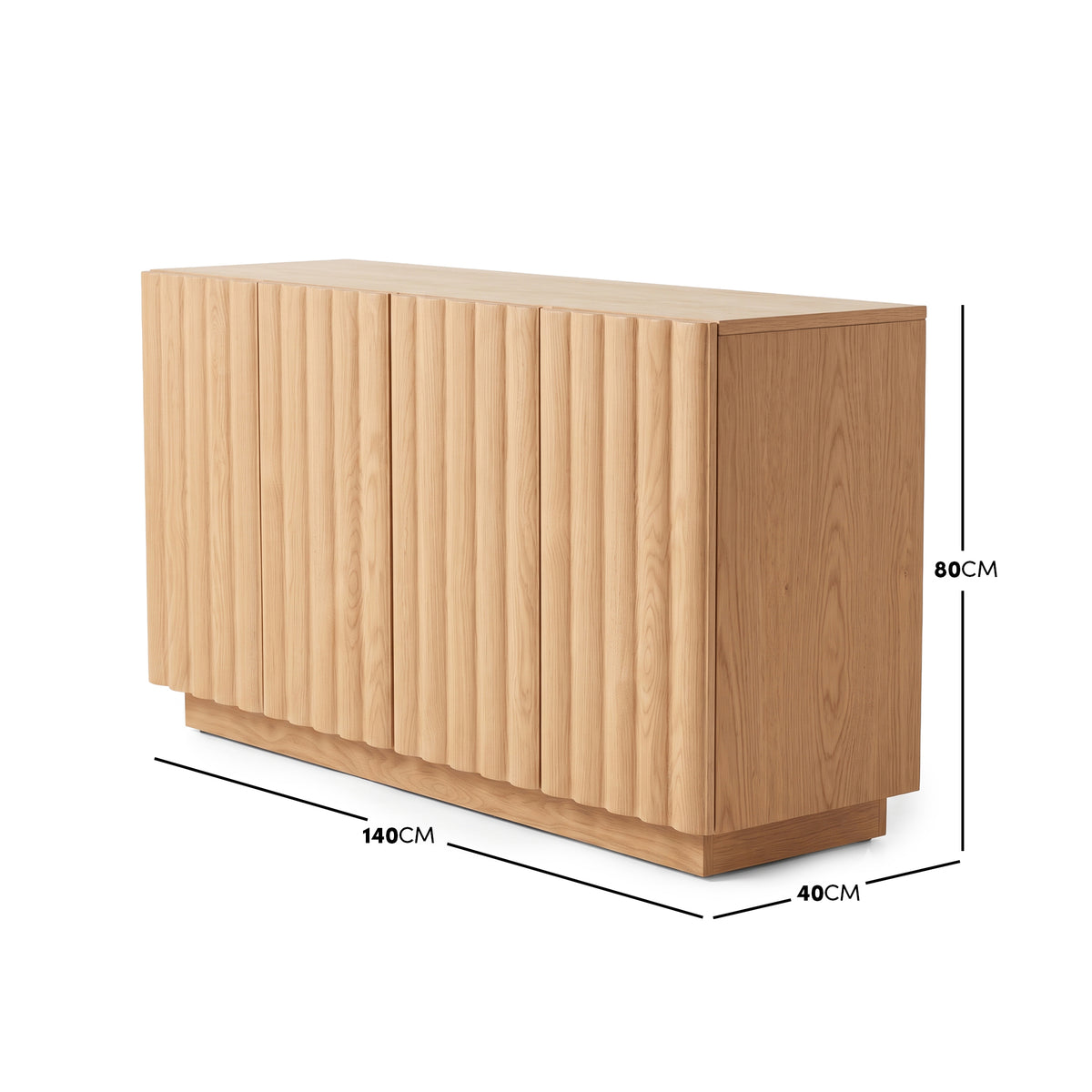 Oak sideboard with vertical fluted panels displaying dimensions of 140cm width, 40cm depth, and 80cm height against a plain white studio background.