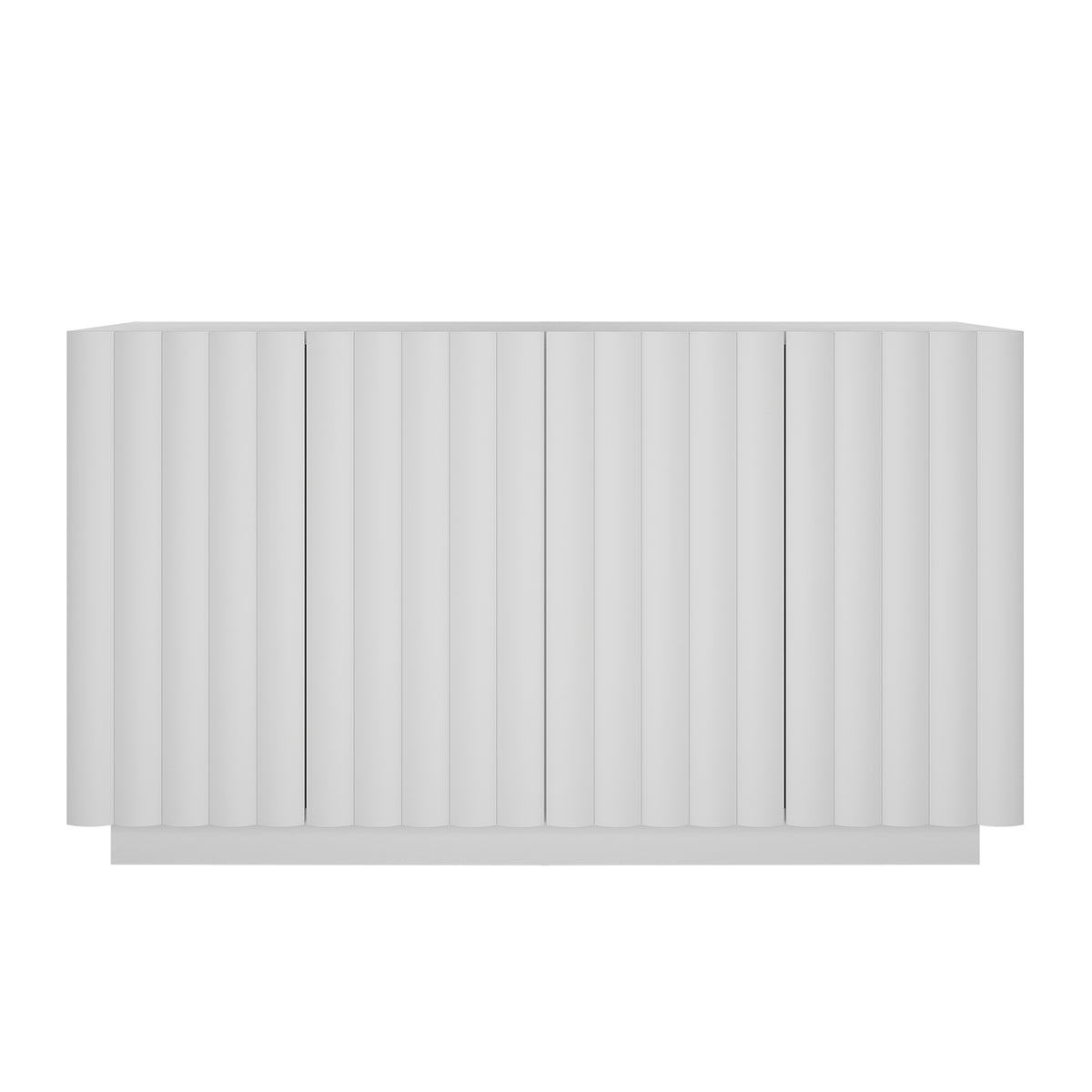 Hamish 140cm Storage Sideboard Buffet White features a modern wave design with vertical lines, handle-free doors, and ample storage space, integrating seamlessly into contemporary home decor.
