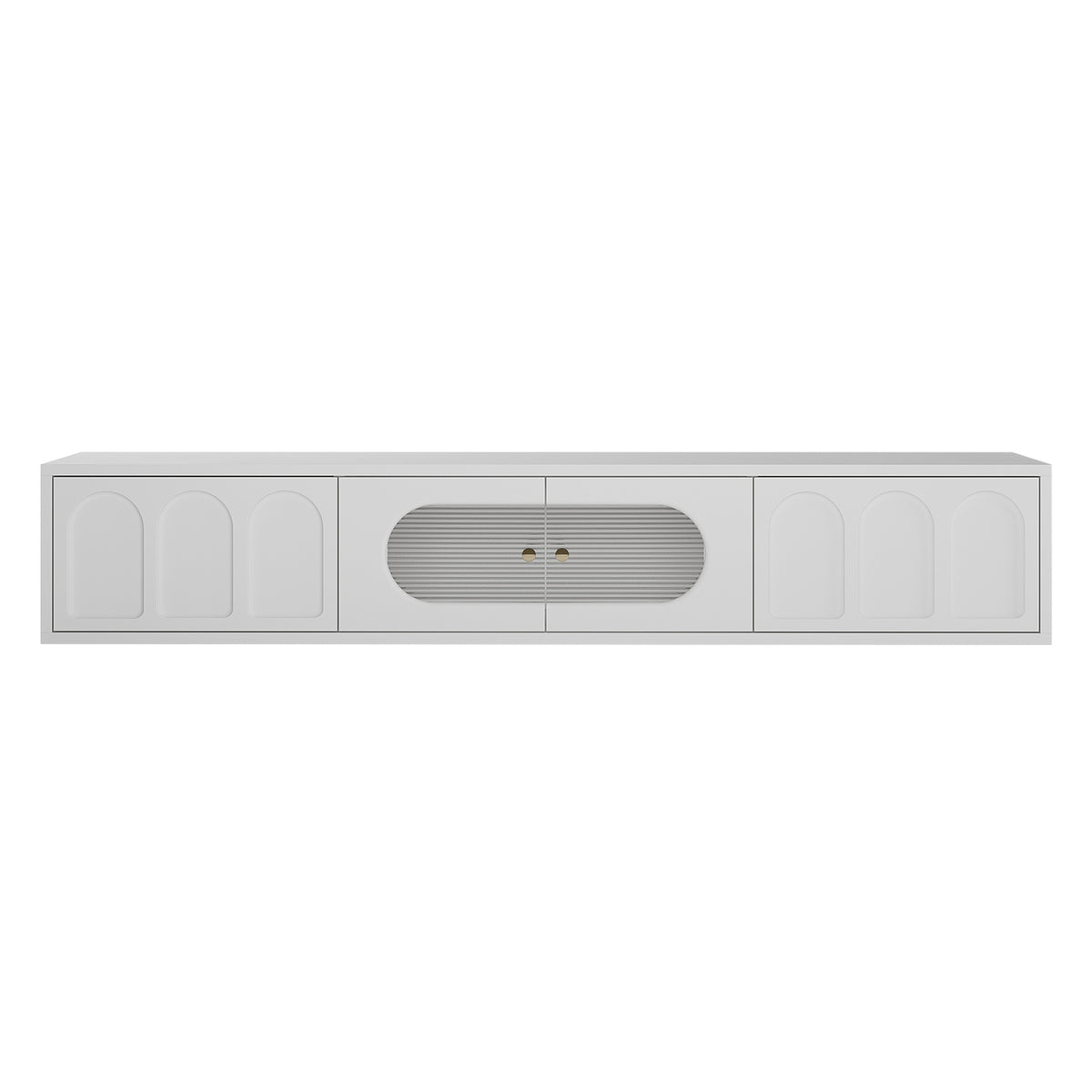 Hava 180cm Arched Entertainment Unit White, featuring sleek arched drawers and fluted glass doors, perfect for modern living rooms.