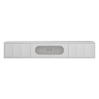 Hava 180cm Arched Entertainment Unit White, featuring sleek arched drawers and fluted glass doors, perfect for modern living rooms.