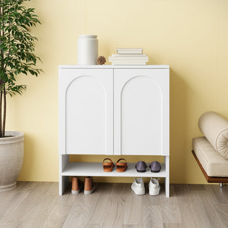 Hava 80cm Arched Shoe Cabinet White with sleek arched doors, ample storage, and clean lines, designed for modern hallways, offering adjustable shelves and a bottom open shelf for extra organization.