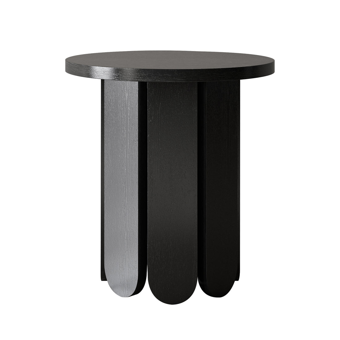 Hugo 45cm Round Side Table with Curve Detail in Black features a sculptural base of vertically arranged, rounded-end wooden slats, topped with a sleek, round matte black surface.
