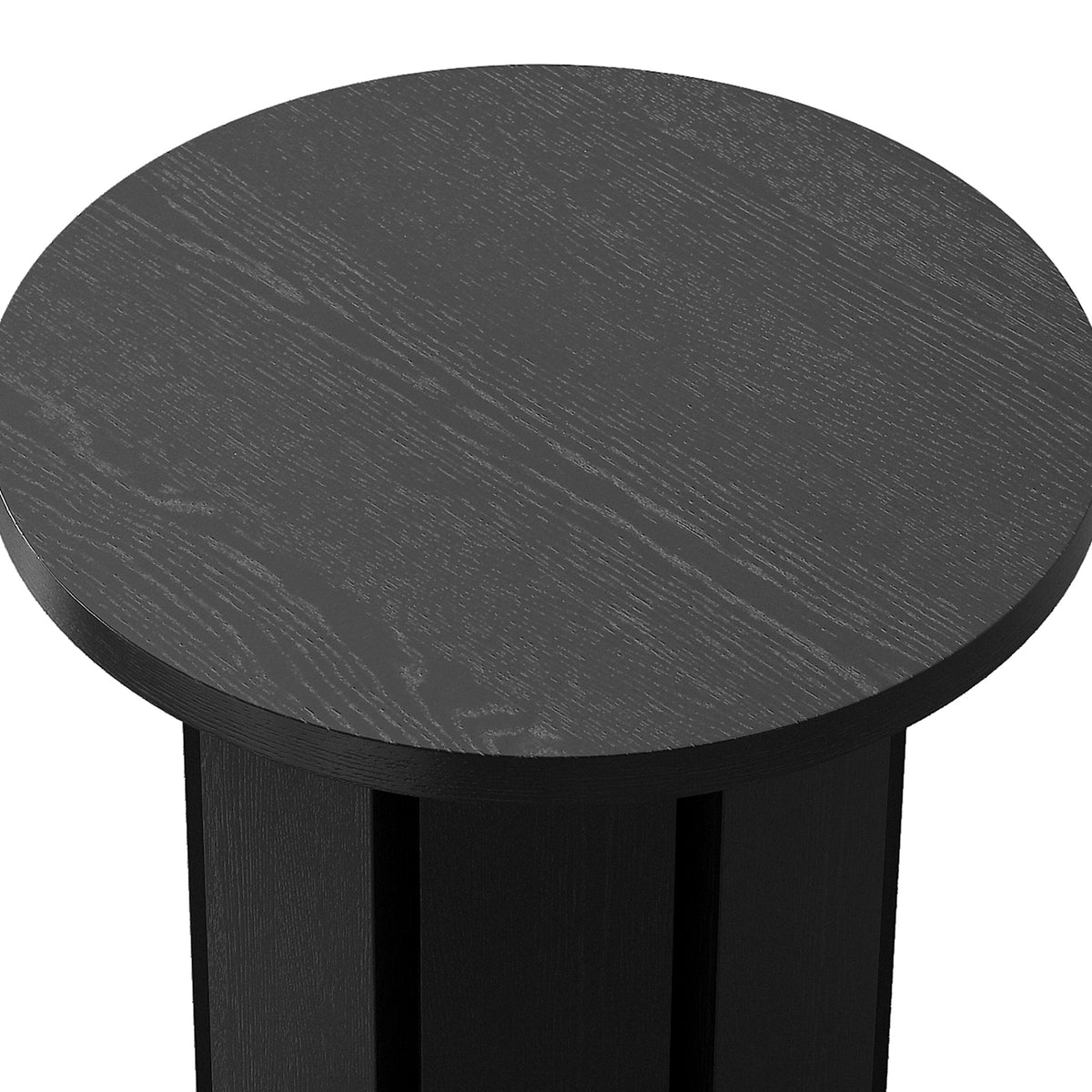 Hugo 45cm Round Side Table with Curve Detail in Black, showcasing a black-stained wood grain tabletop and slatted column base, highlighting a modern, sleek design without additional objects.
