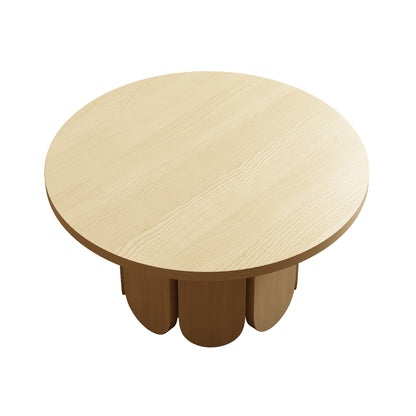 Hugo round coffee table with natural wood grain top and three curved timber legs