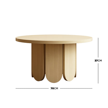 Hugo round coffee table, natural wood finish, 70cm diameter, 37cm height, three curved leg supports
