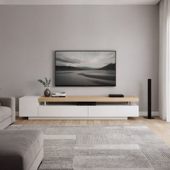 Kandi 180cm entertainment unit with white gloss drawers and light wood top