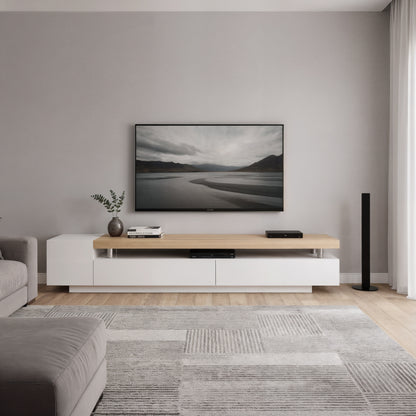 Kandi 180cm entertainment unit with white gloss drawers and light wood top
