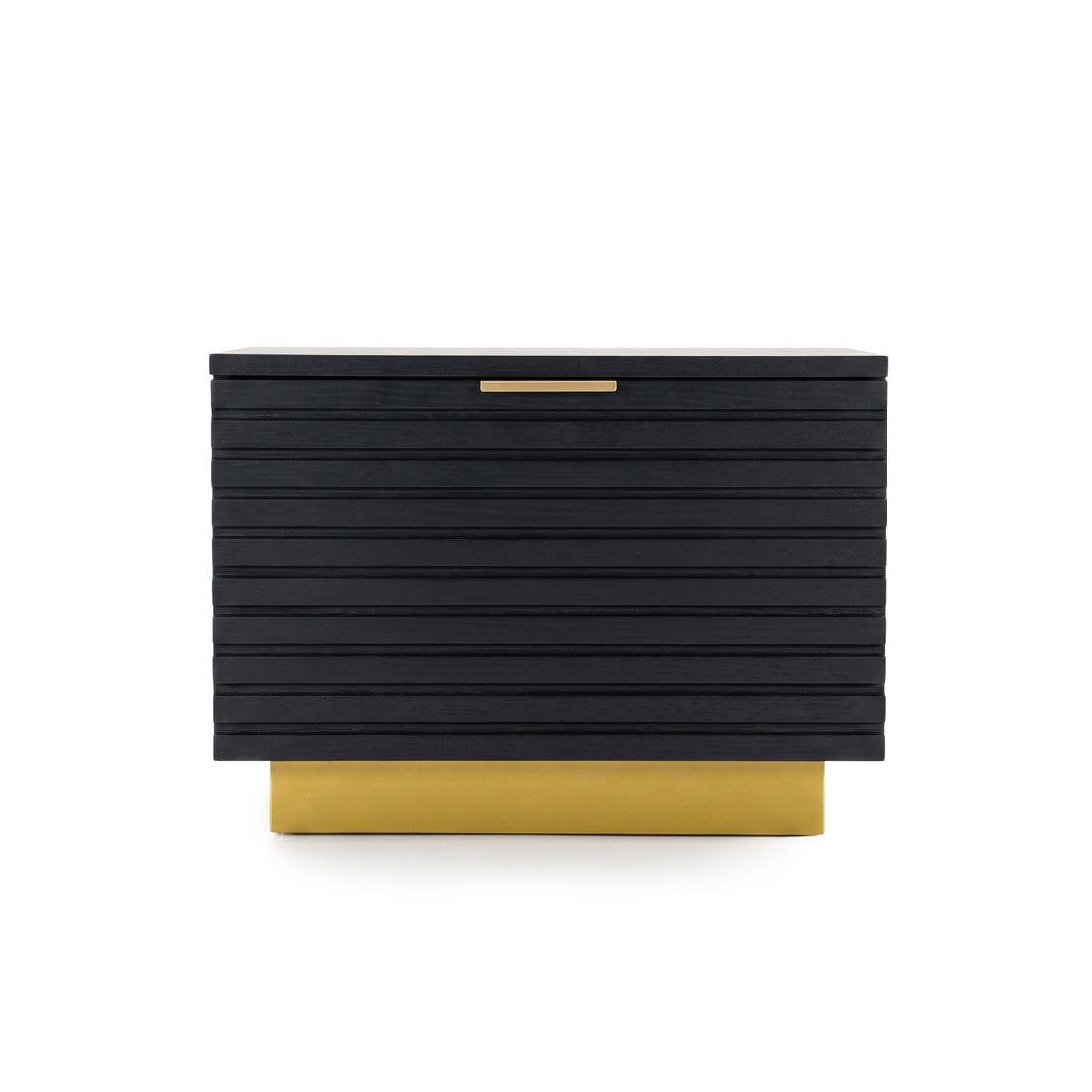 Modern black storage cabinet with gold handle and base on white background
