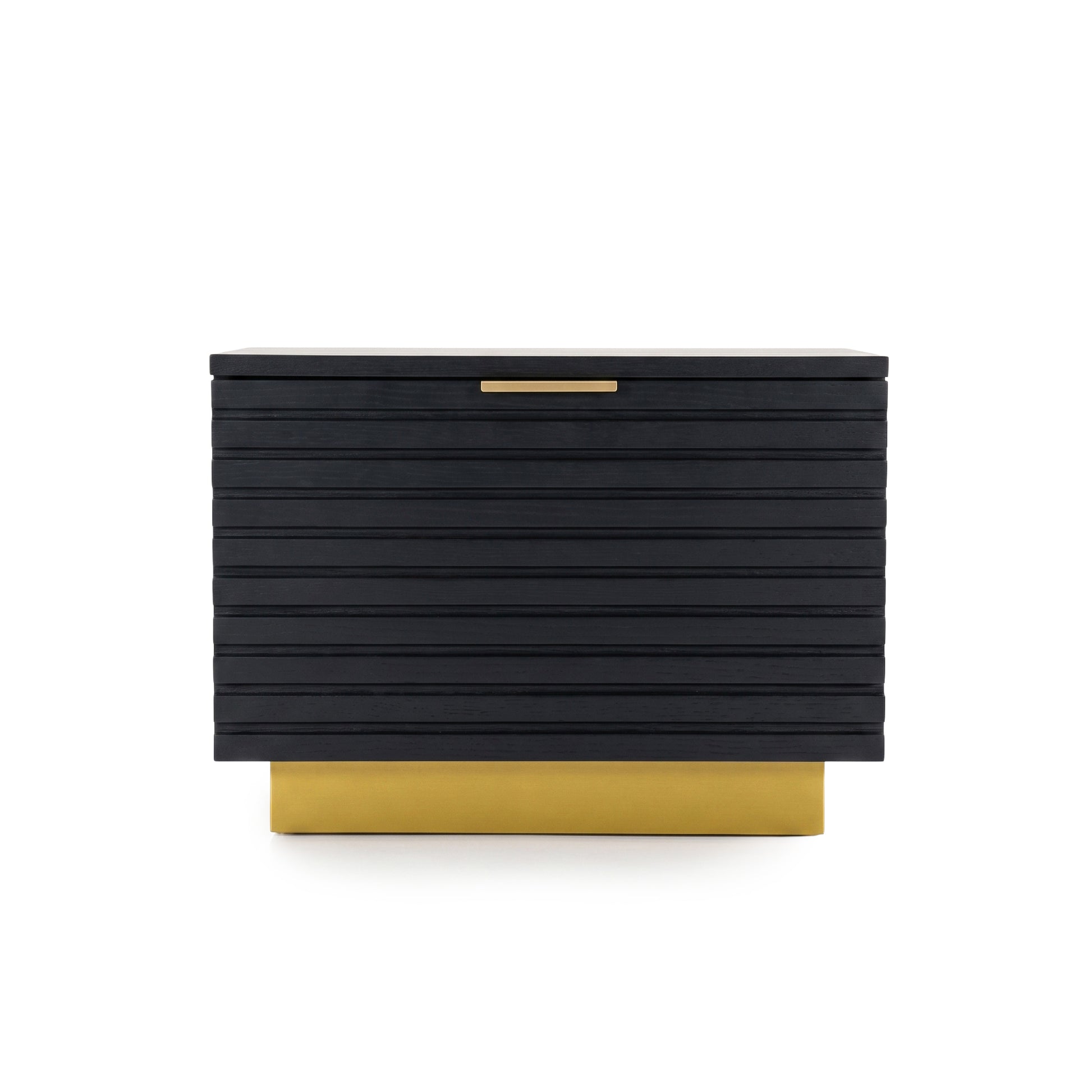Modern black storage cabinet with gold handle and base on white background