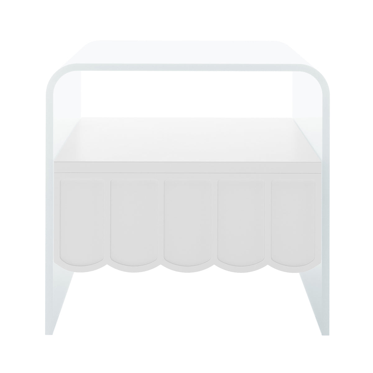 Magdalena 45cm Scalloped Acrylic Bedside Table in White features U-shaped side panels, a single scalloped-arch drawer, and a minimalist design, perfect for modern bedroom aesthetics.