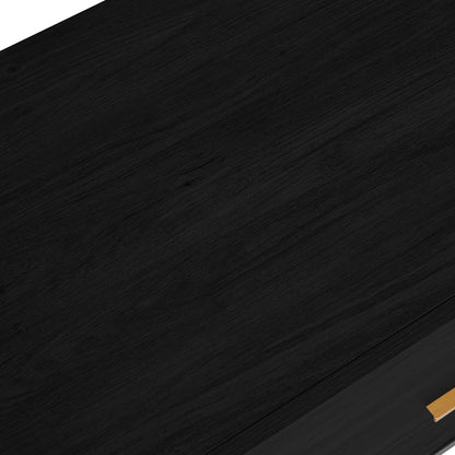 Manuel 2 Drawer Storage Bedside Table Black, featuring a dark-stained wood surface with visible grain and a gold-colored trim corner, highlighting its elegant and modern design.