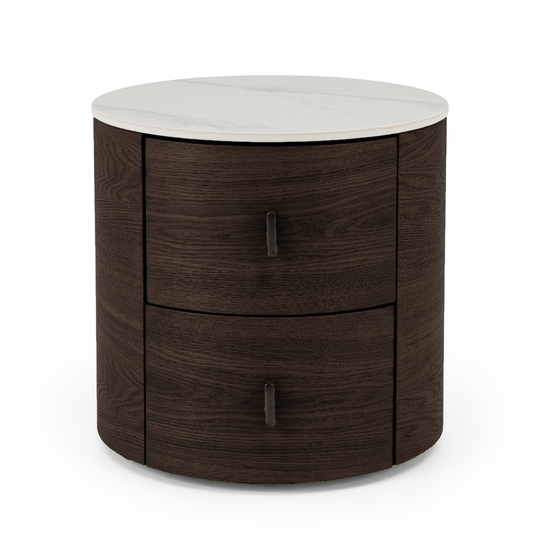 Round modern side table with dark wood base and white marble-like top on a white background.