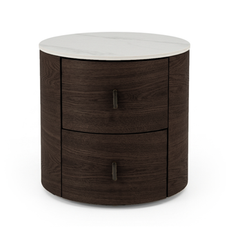 Round modern side table with dark wood base and white marble-like top on a white background.