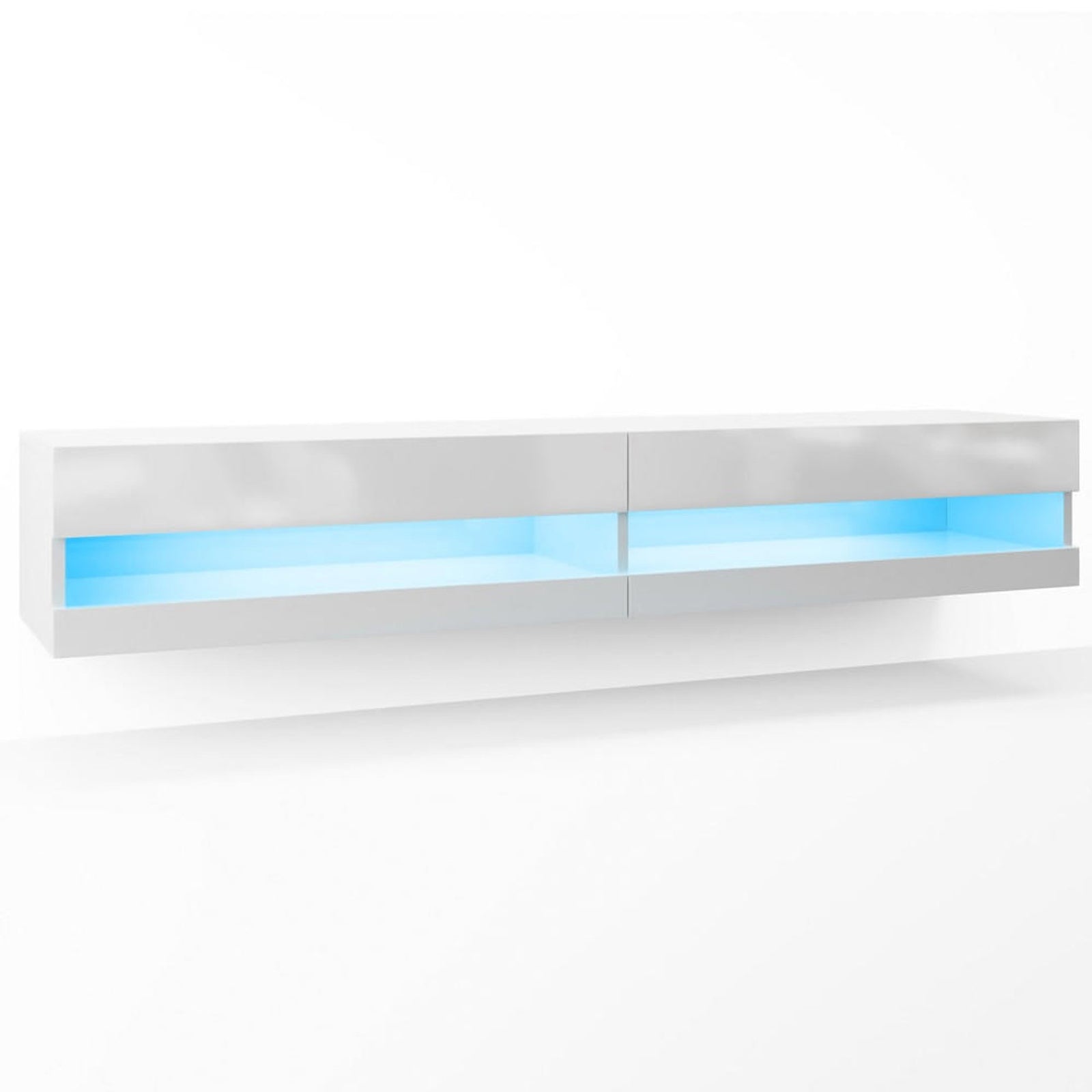 Marshall 180cm Floating LED TV Unit with Storage in White, featuring a sleek, wall-mounted design with two open compartments and back-lit soft blue LED glow, offering modern elegance and functionality.