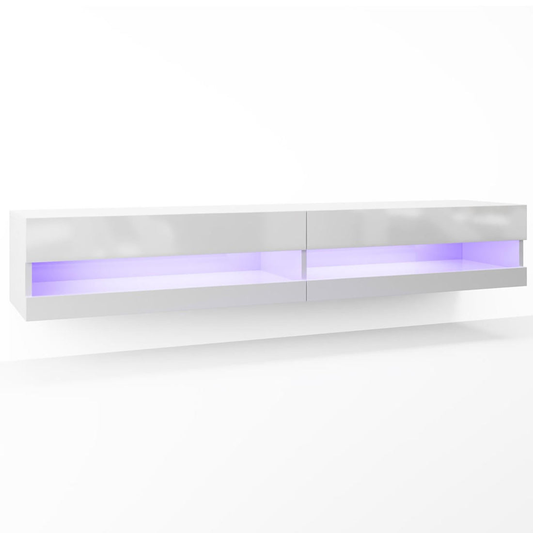 Marshall 180cm Floating LED TV Unit with Storage in White, featuring a sleek wall-mounted design, two compartments, and built-in LED strips for a modern, minimalist look.