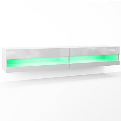 Marshall 180cm Floating LED TV Unit with Storage in White, featuring a sleek wall-mounted design with two compartments, soft green LED backlighting, and open shelves, offering modern elegance and functionality.