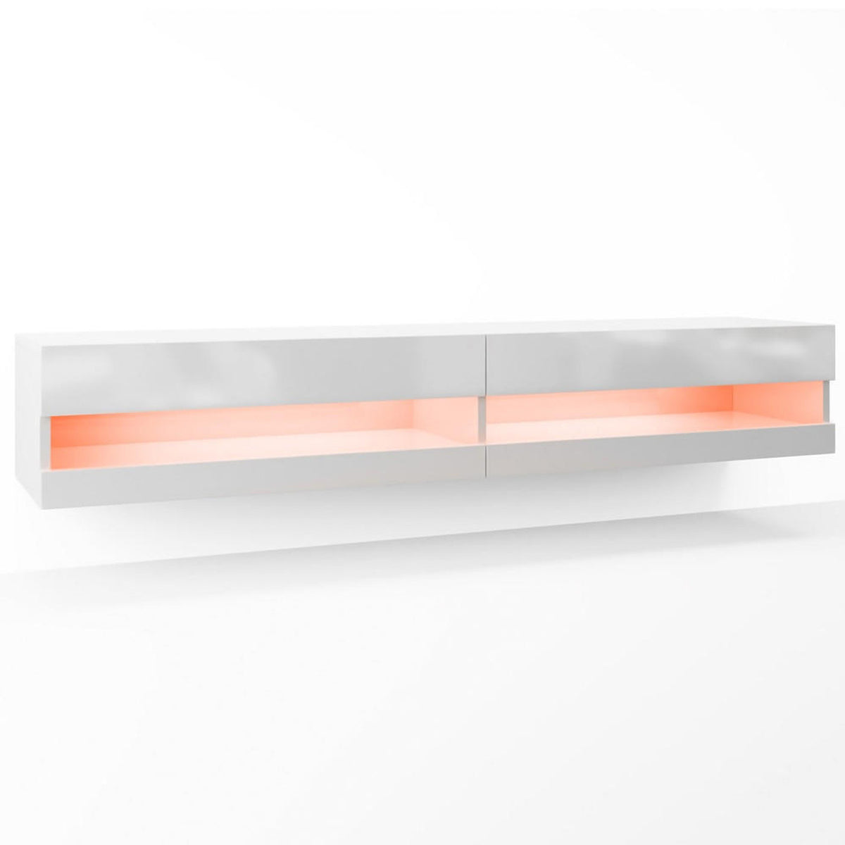 Marshall 180cm Floating LED TV Unit with Storage in White, showcasing a glossy finish with two modular sections. Features open cubbies with warm backlighting and push-to-open drawers, perfect for modern spaces.