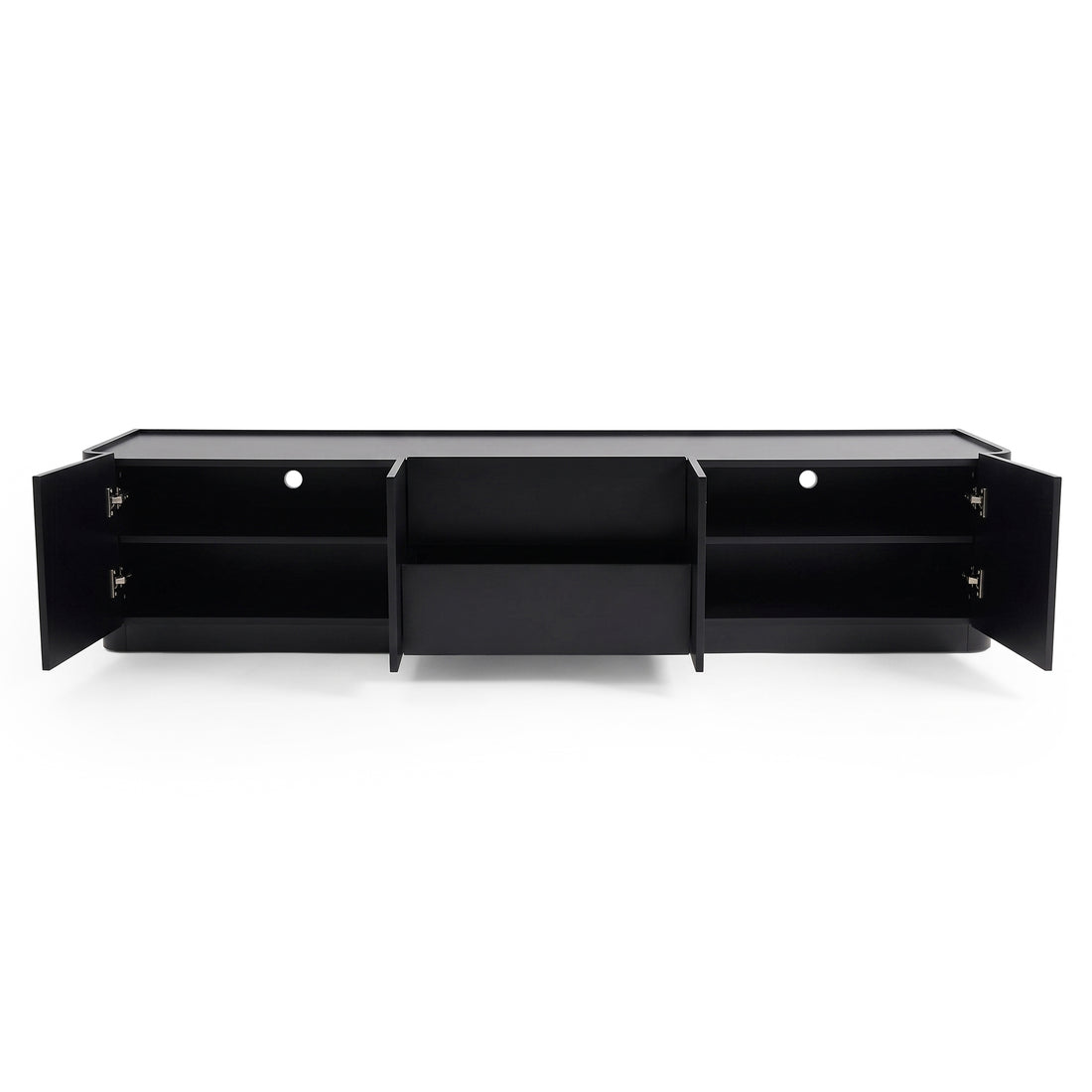 Black entertainment unit with open cabinet doors on a white background