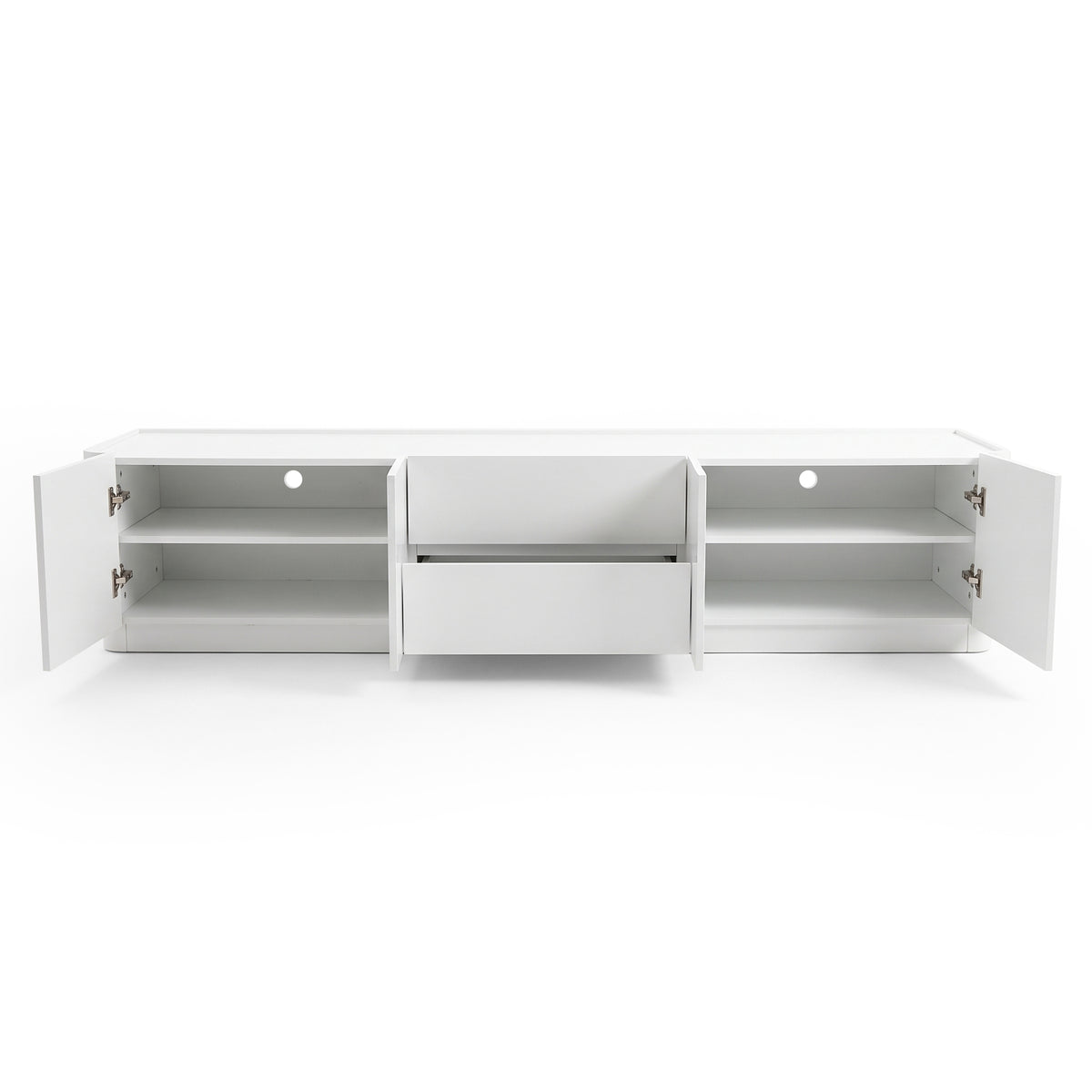 White storage cabinet or TV unit with open doors and drawer on a white background