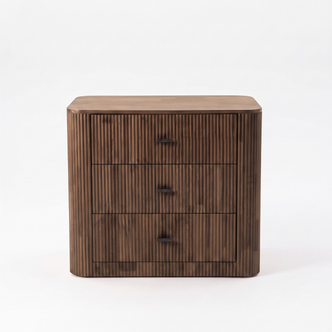 Modern three-drawer wooden chest on a white background
