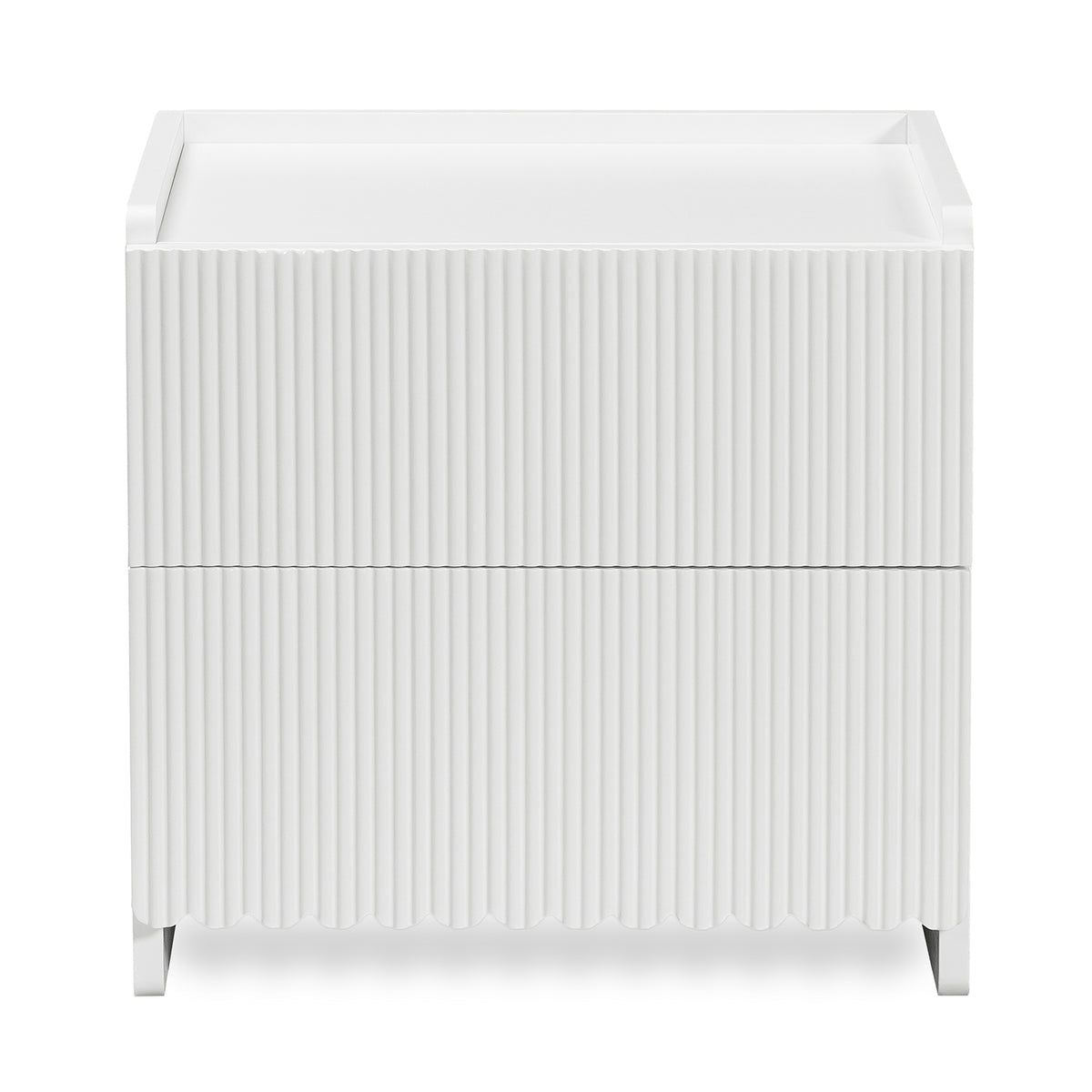 Nasrin 2 Drawer Bedside Table in White, featuring a matte finish, vertical ribbed drawer fronts, low-lip top surface, and short legs, offering modern elegance and functionality.