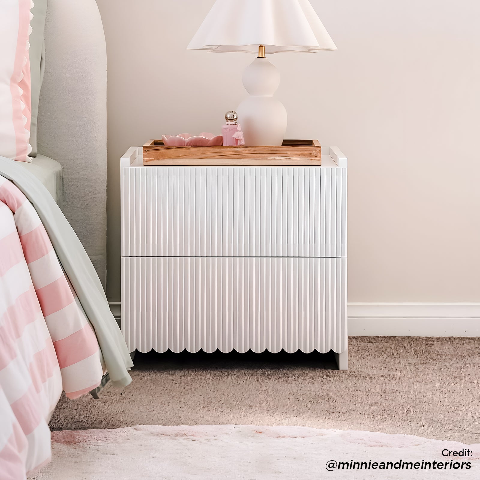 Nasrin 2 Drawer Bedside Table in White with vertical ribbed drawer fronts, scalloped base, and low-lip top surface