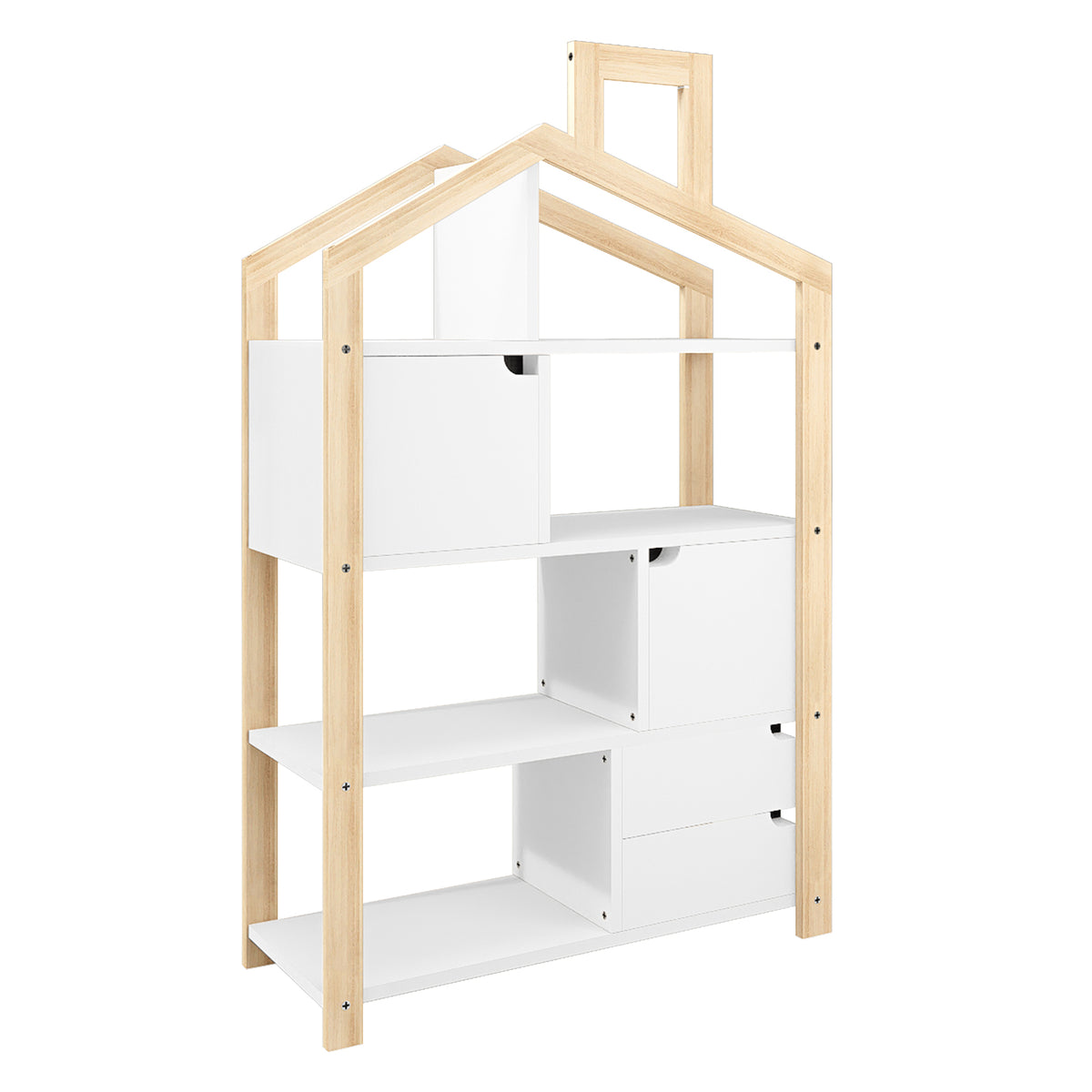 Freestanding Quinta Shelf Unit with Storage featuring a house-like design, natural-wood frame with a peaked roof, and three tiers of white shelves, some with box-style drawers and cubbies for hidden storage.
