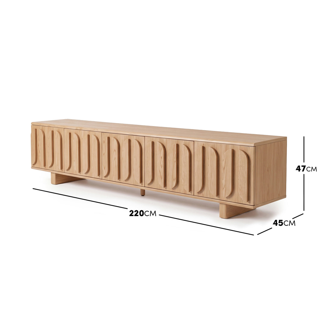 Light wood sideboard with dimensions shown on a white background