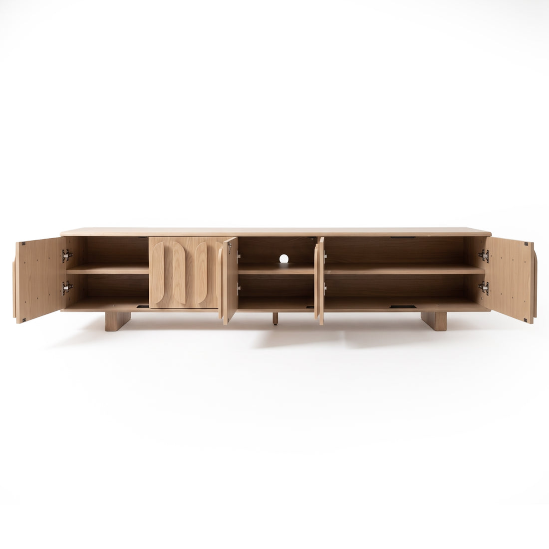 Wood sideboard with open doors on a white background